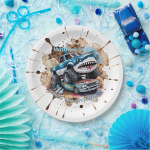 Plato De Papel Cumpleaños de Niño Camión Monstruo Tiburón