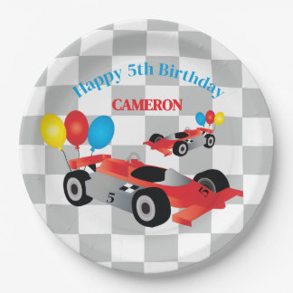 Plato De Papel Cumpleaños de niño con coche de carreras a cuadros