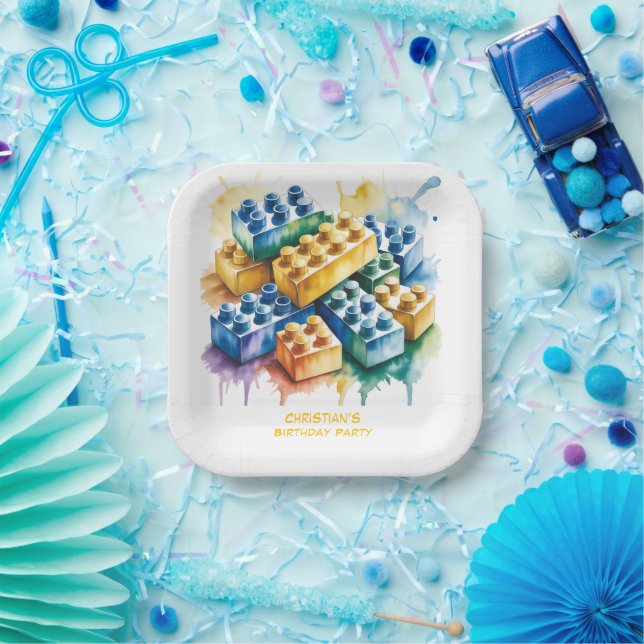Plato De Papel Cumpleaños de niño Splash Boy con bloques de const (Fiesta)
