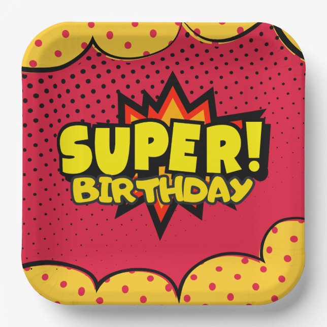 Plato De Papel Cumpleaños de niño superhéroe de cómic  (Anverso)