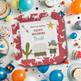 Plato De Papel Cumpleaños de niño vaquero con caballo rojo lindo