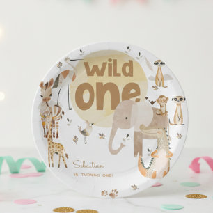 Plato De Papel Cumpleaños de niños animales safari uno salvaje