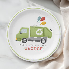 Plato De Papel Cumpleaños de niños camión de basura verde moderno