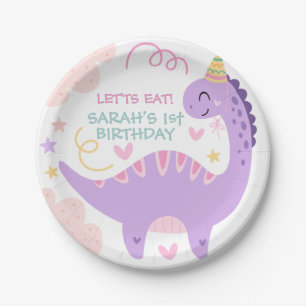 Plato De Papel Cumpleaños de niños con dinosaurio morado lindo