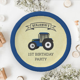 Plato De Papel Cumpleaños de niños con tractor azul de granja