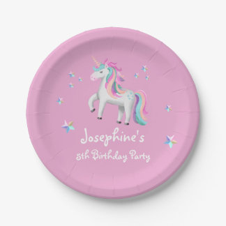 Plato De Papel Cumpleaños de niños de unicornio rosado y mágico