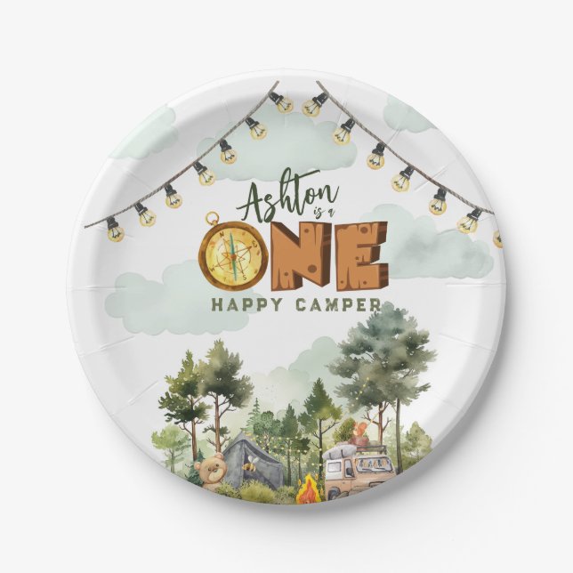 Plato De Papel Cumpleaños de One Happy Camper  (Anverso)