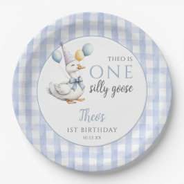 Plato De Papel Cumpleaños de One Silly Goose Blue Gingham Balloon