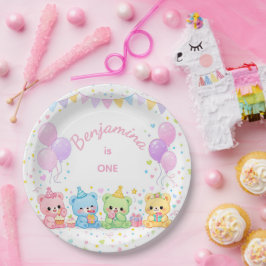 Plato De Papel Cumpleaños de ositos bebés pastel rosa lindo