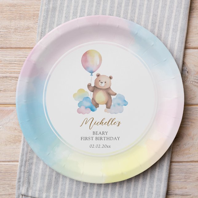 Plato De Papel Cumpleaños de oso de peluche con globos en nubes m (Subido por el creador)