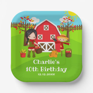Plato De Papel Cumpleaños de otoño en el corral de granja Niña de