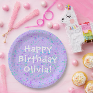 Plato De Papel Cumpleaños de Paint Splatter Púrpura