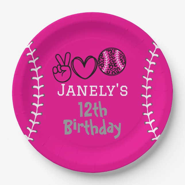Plato De Papel Cumpleaños de Peace Love Softball (Anverso)
