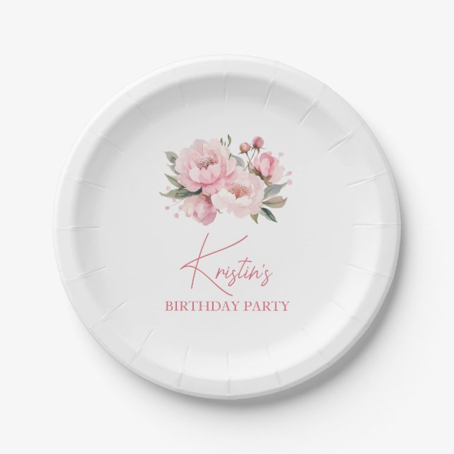 Plato De Papel Cumpleaños de Peonía Rosa (Anverso)