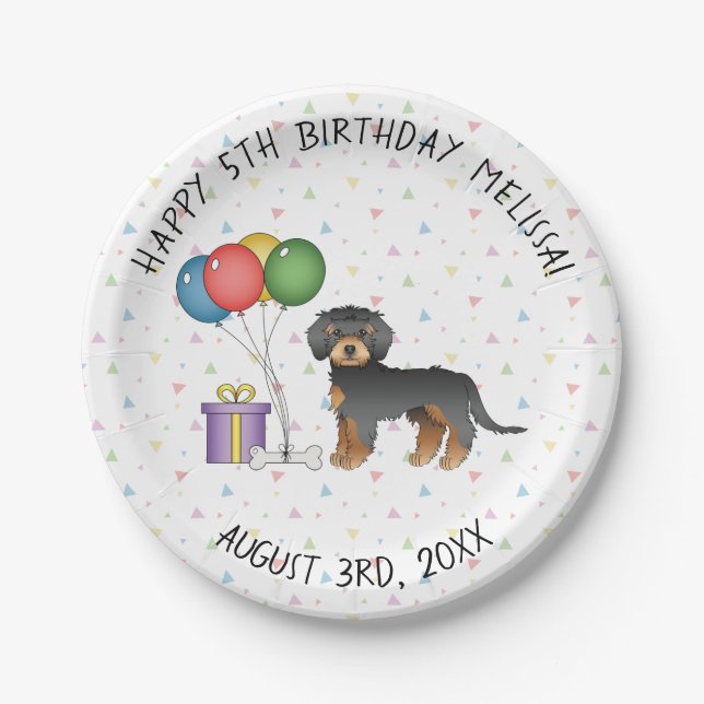 Plato De Papel Cumpleaños de perro mini Goldendoodle negro y marr (Anverso)