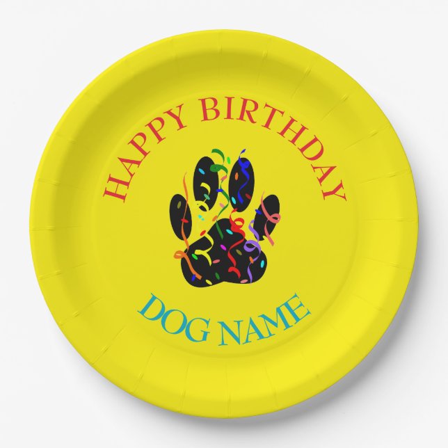 Plato De Papel Cumpleaños de perro personalizado amarillo (Anverso)