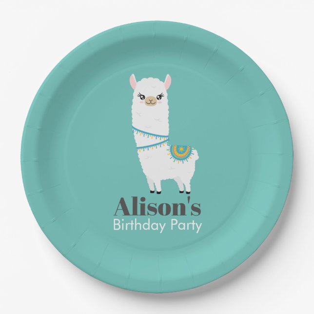 Plato De Papel Cumpleaños de personalizable Llama (Anverso)