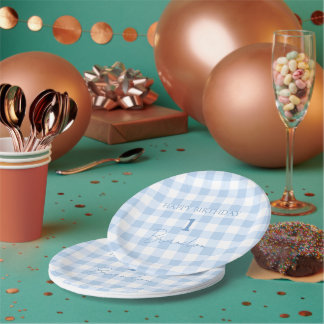 Plato De Papel Cumpleaños de Plaid Azul Bebé Cottagecore