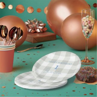 Plato De Papel Cumpleaños de Plaid Azul Bebé Cottagecore