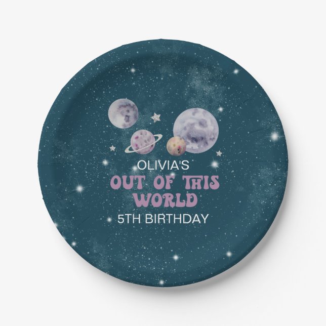 Plato De Papel Cumpleaños de planetas fuera de este mundo (Anverso)