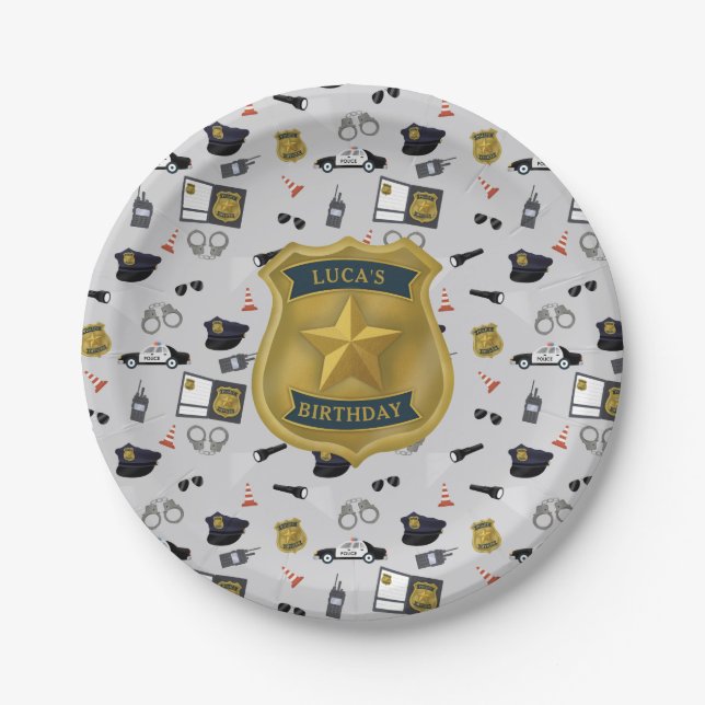 Plato De Papel Cumpleaños de policía con tema de policía (Anverso)