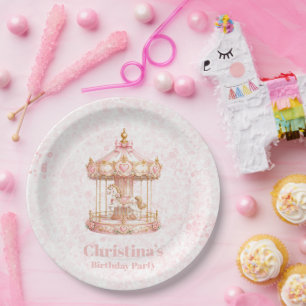 Plato De Papel Cumpleaños de Princesa del Carrusel Rosa