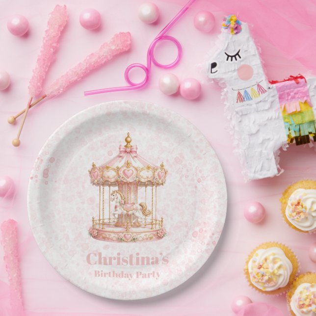 Plato De Papel Cumpleaños de Princesa del Carrusel Rosa (Fiesta)