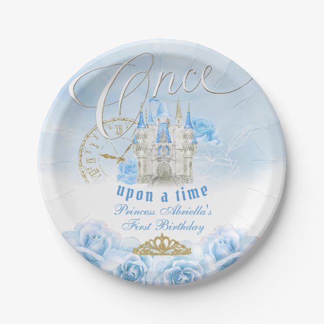 Plato De Papel Cumpleaños de Princesa Érase Una Vez Azul (Anverso)