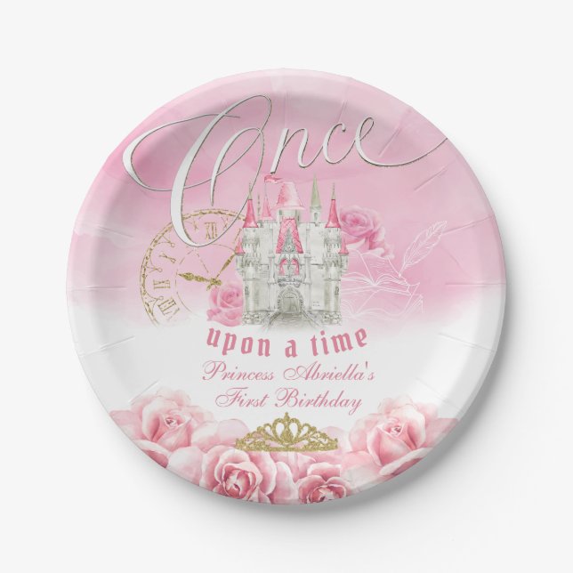 Plato De Papel Cumpleaños de Princesa Érase una Vez Rosa (Anverso)