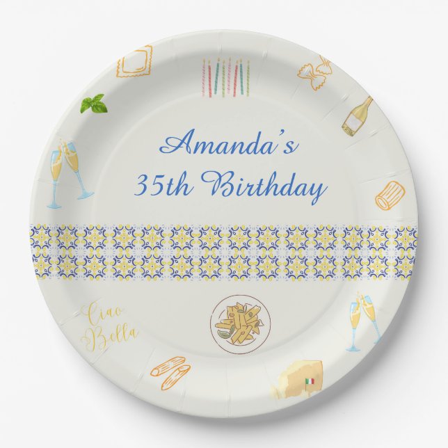 Plato De Papel Cumpleaños de Prosecco y Pasta (Anverso)