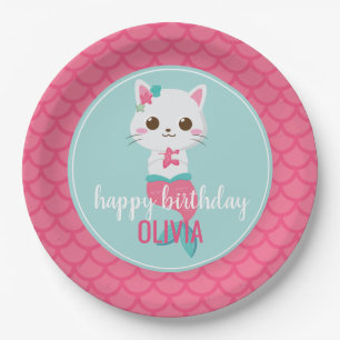 Plato De Papel Cumpleaños de Purmaid Mermaid Kitty Pink Scales