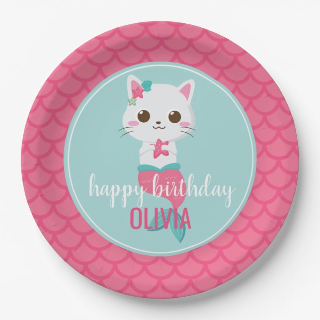 Plato De Papel Cumpleaños de Purmaid Mermaid Kitty Pink Scales (Anverso)