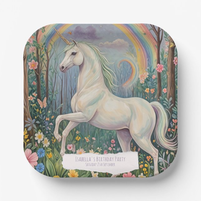 Plato De Papel Cumpleaños de Rainbow Unicorn (Anverso)