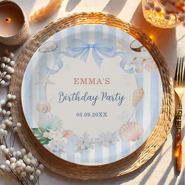 Plato De Papel Cumpleaños de rayas azules y blancas de conchas ma (Subido por el creador)
