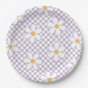Plato De Papel Cumpleaños de Retro Checker Lila Daisy