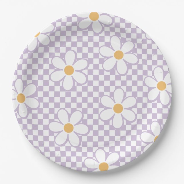 Plato De Papel Cumpleaños de Retro Checker Lila Daisy (Anverso)