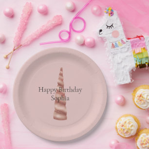 Plato De Papel Cumpleaños de Rosa Gold Rubor Unicorn