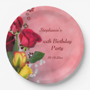 Plato De Papel Cumpleaños de rosas rojas y amarillas chic