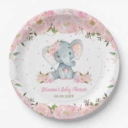 Plato De Papel Cumpleaños de Rubor Pink Floral Elephant en Baby S