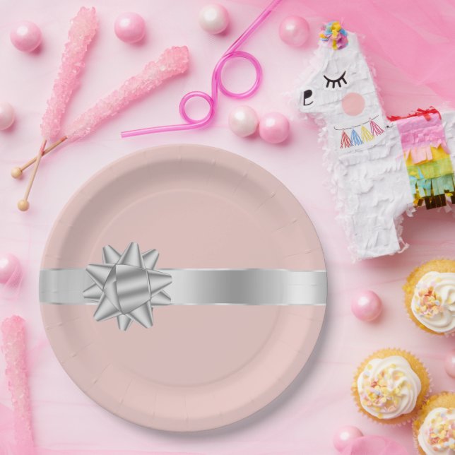 Plato De Papel Cumpleaños de Rubor Silver Ribbon Bow (Fiesta)