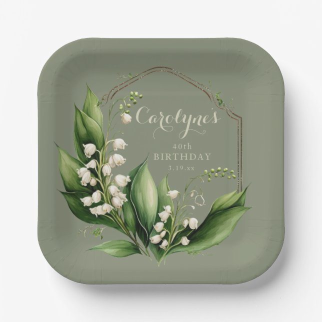 Plato De Papel Cumpleaños de Sage Green Floral (Anverso)