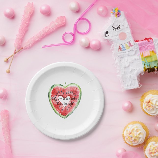 Plato De Papel Cumpleaños de sandía con corazón rojo verde (Fiesta)
