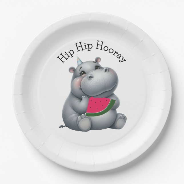 Plato De Papel Cumpleaños de sandía de hipopótamo gris  (Anverso)