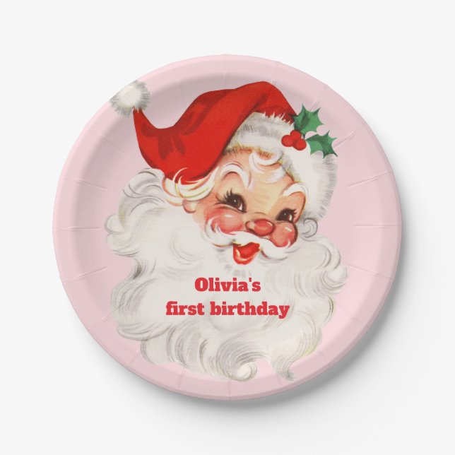 Plato De Papel Cumpleaños de Santa Retro (Anverso)