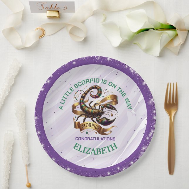 Plato De Papel Cumpleaños de Scorpio Lavanda y Verde (Boda)