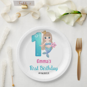 Plato De Papel Cumpleaños de sirena 1 año