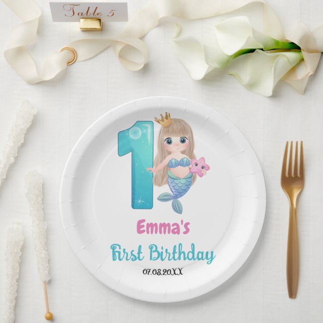 Plato De Papel Cumpleaños de sirena 1 año (Boda)