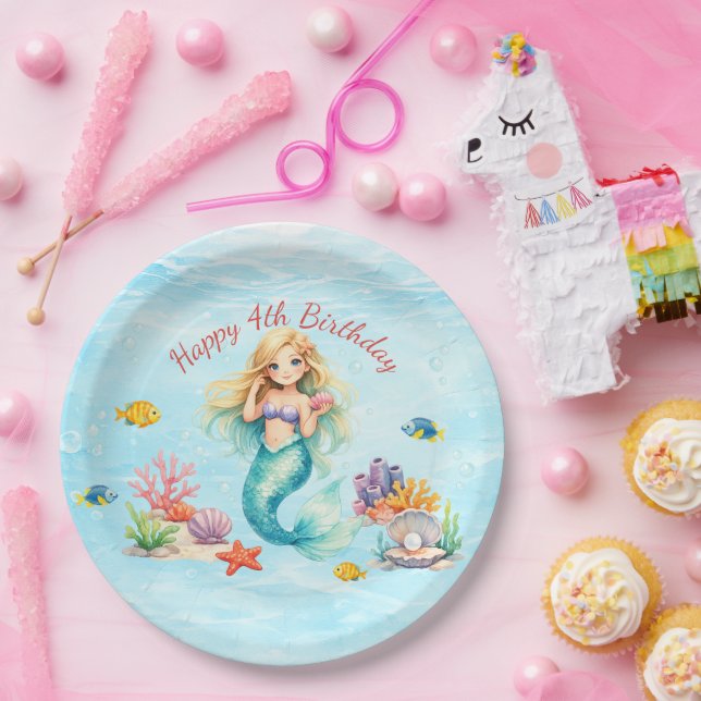 Plato De Papel Cumpleaños de Sirena Acuarela (Fiesta)