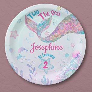 Plato De Papel Cumpleaños de sirena colorida de dos años