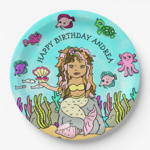 Plato De Papel Cumpleaños de sirena étnica personalizada dibujada